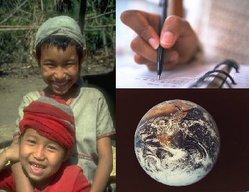 smiling boys, hand writing, earth from space